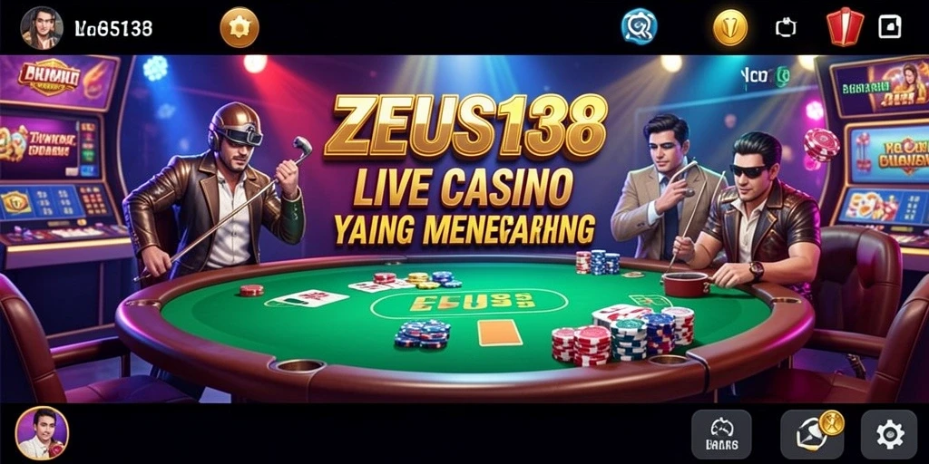 Screenshot utama ZEUS138 menampilkan dealer profesional dan suasana Live Casino yang seru.